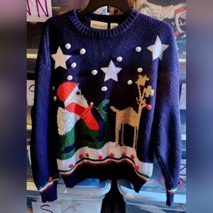 Vintage Adell Barre 80s/90s Holiday Christmas Sweater Santa Claus & Rudolph L